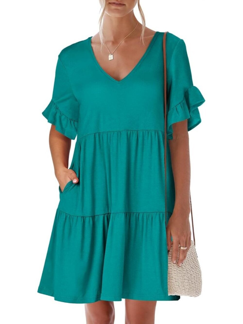 Anrabess Women's Lake Green Neck Ruffle Sleeve A Line Tiered Mini Flowy Dress